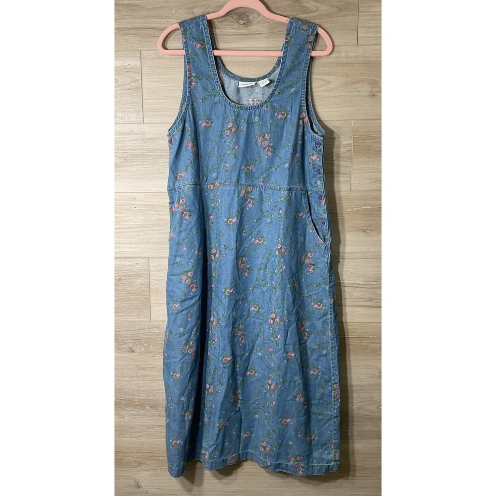 NEW The Vermont Country Store Denim Floral Cottage Core Sleeveless Dress Small